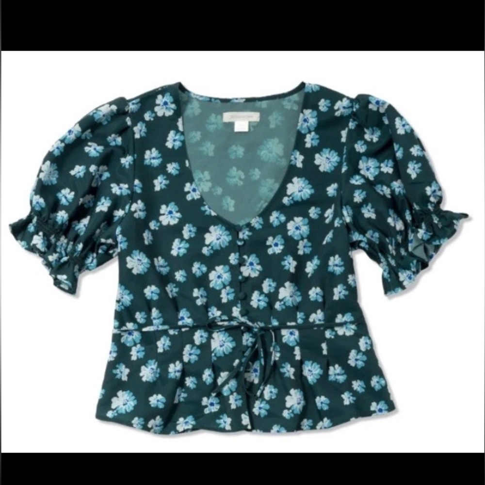 Outerknown Astral Floral Blouse Puff Sleeves Button Front in Green/Blue - Small